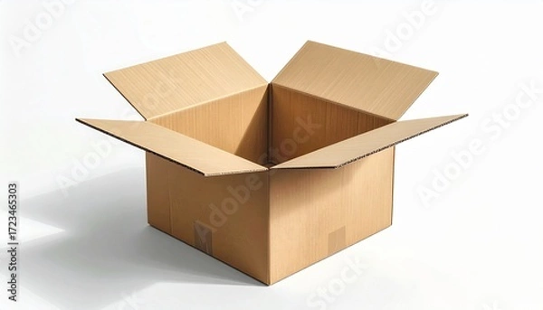 Fototapeta Open brown corrugated cardboard box with outward-folded flaps on white background.