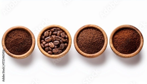 Fototapeta four wooden bowls showing different stages of coffee from beans to powder isolated on white background
