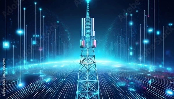 Fototapeta futuristic 5g cell tower surrounded by digital network nodes and data streams
