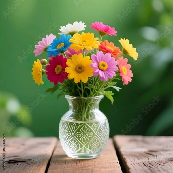 Fototapeta Title:
Colorful daisy bouquet in a decorative clear glass vase on wooden table with blurred green natural background