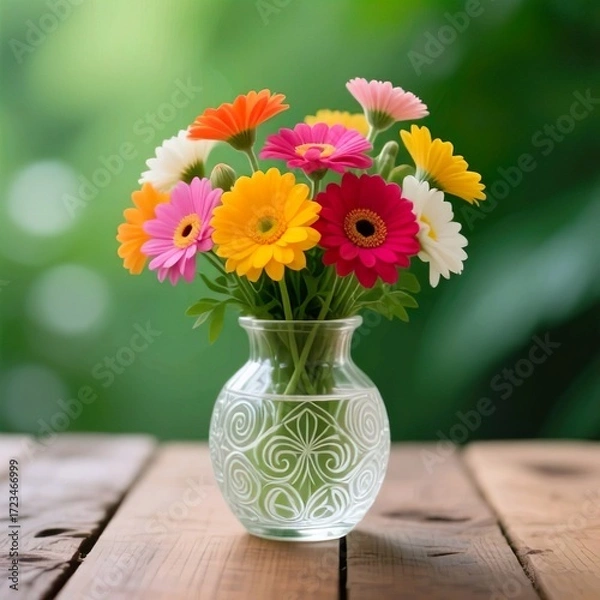 Fototapeta Title:
Colorful Gerbera flowers in a decorative clear glass vase on wooden table with blurred green natural background