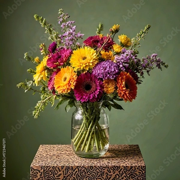 Fototapeta Title:
Vibrant mixed flower bouquet in a clear glass vase on patterned wooden stand with olive green background