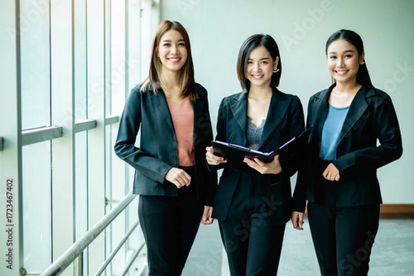 Fototapeta Happy teamwork among young entrepreneurs, teamwork, corporate growth goals and success in work.