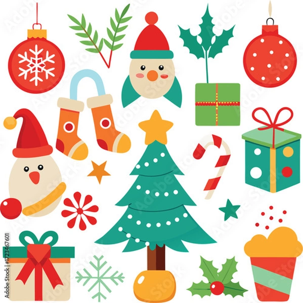 Fototapeta Vector art of a vibrant assortment of christmas elements featuring snowmen, decorated trees, hanging baubles, festive socks, and wrapped presents, all presented on a clean
