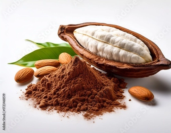 Fototapeta cocoa pod with white beans cocoa powder almonds and ground cocoa on white background