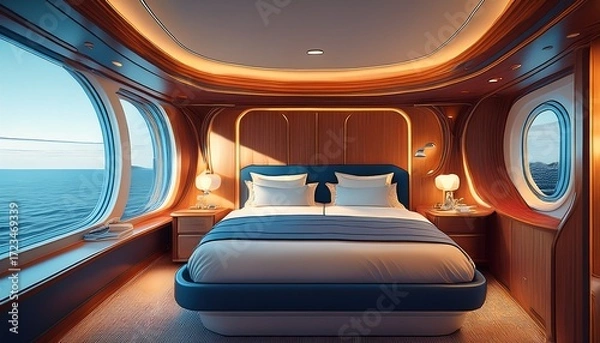 Fototapeta modern first class cabin on a passenger cruise ship with queen size bed