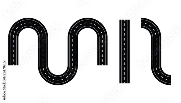 Fototapeta Set of road parts. road or highway design with dashed line. wavy road. curved highway. race track. vector illustration