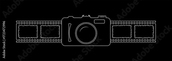 Fototapeta Photo camera outline, editable line icon with 4 frames fim reel vector design on black background. Analog retro camera to use for photography, photo frame, cinema, photography competition projects.