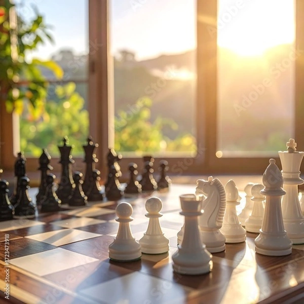 Obraz Chessboard with pieces, sunlit window view