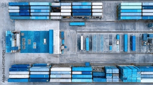 Fototapeta facility. An aerial view of geometric shipping containers forming an abstract industrial landscape. safety posters.