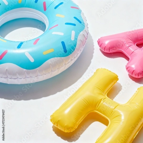Fototapeta Pool float donut and letter balloons, inflatable toys, Pastel Colors