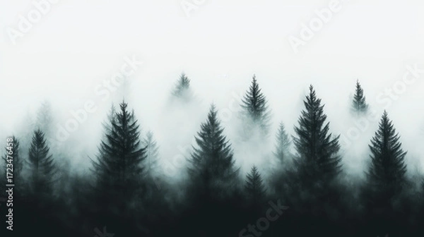 Fototapeta Silhouette of a Pine Trees with Foggy Air. Generative AI