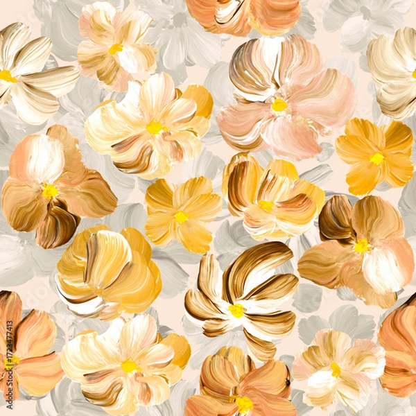 Fototapeta Seamless pattern of abstract flowers, original hand drawn, impressionism style, color texture, brush strokes of paint