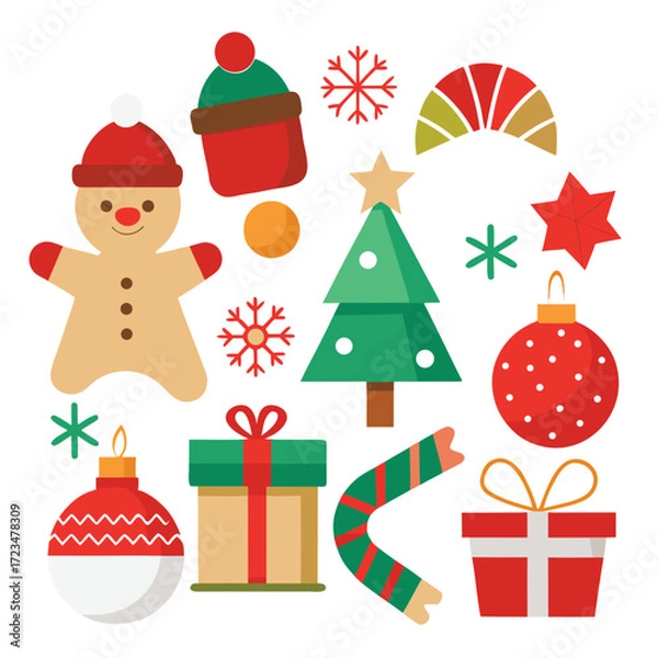 Fototapeta Vector art of assortment of cheerful christmas elements featuring a gingerbread man, christmas tree, ornaments, gifts, candy cane, and snowflakes, isolated on a