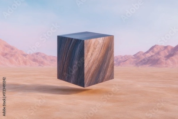 Fototapeta Floating cube in a barren landscape with soft mountains at dusk showing a mix of colors and textures in the sky