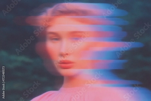 Fototapeta Woman in soft focus pose outdoors captures motion and tranquility in a dreamlike setting during dusk