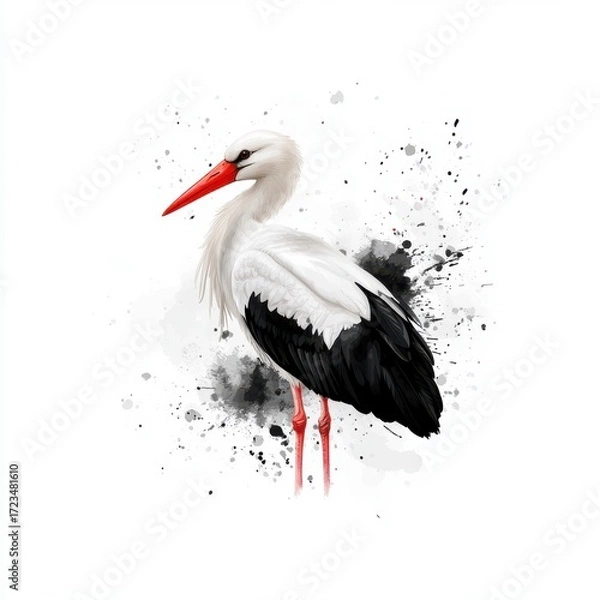 Fototapeta Elegant Stork with Red Beak and Artistic Splash Background