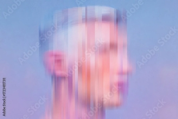 Fototapeta Artistic portrait of a person with a blurred face set against a soft, colorful background during a dreamy evening