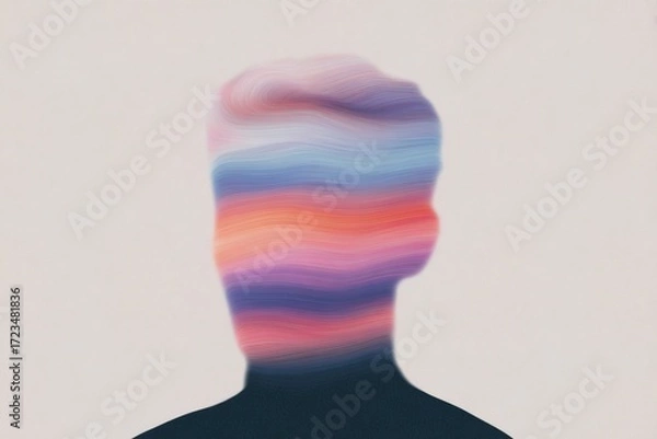 Fototapeta Abstract portrait showcasing colorful wave patterns blending into a silhouetted face in a minimalist design