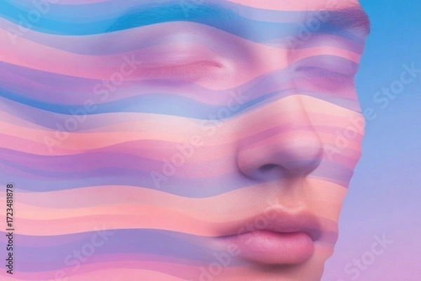 Fototapeta Creative abstract portrait blending face with soft pastel wave patterns in dreamy colors for artistic expression