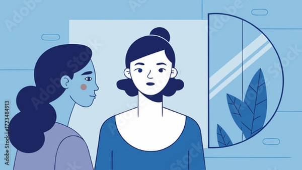 Fototapeta Two women standing together, one looking in the mirror and reflecting gender identity in calm blue tones