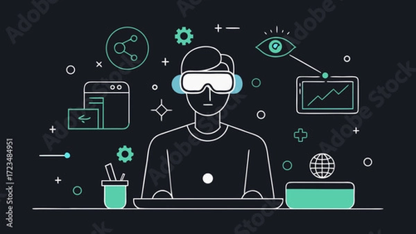 Fototapeta Person wearing AR glasses interacting with floating digital elements in a futuristic phygital workspace