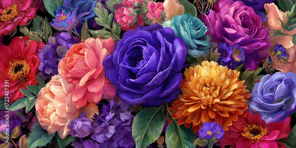 Fototapeta A colorful floral arrangement featuring a variety of flowers in full bloom. The composition showcases different textures, hues and shapes with a deep and enchanting atmosphere.