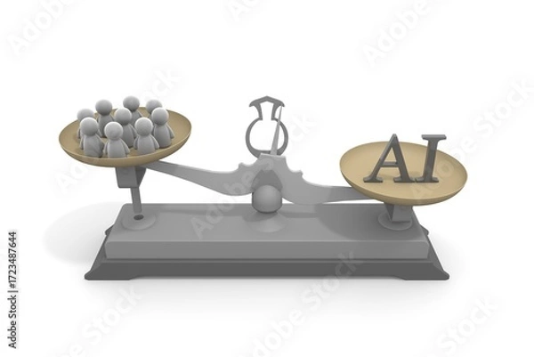 Obraz AIと人間のバランスを象徴する天秤のイラスト。人工知能と人類の関係、テクノロジーと社会の調和、未来における人間とAIの共存を表現しています。