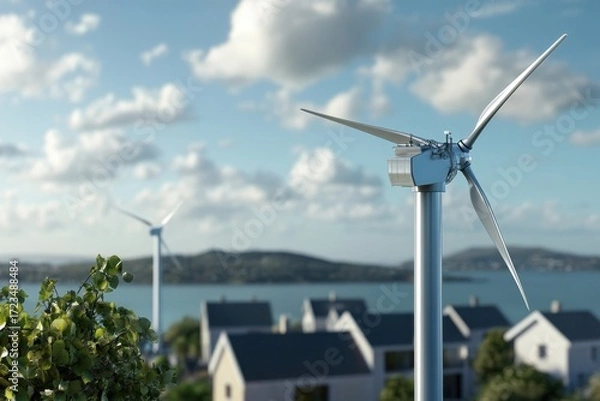 Fototapeta Wind turbines generate renewable energy in a coastal town during a sunny day