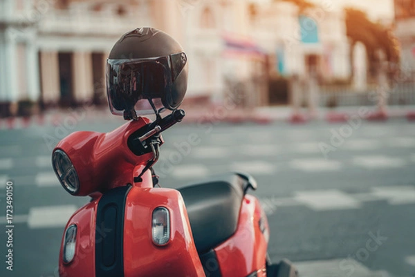 Fototapeta vintage scooter with helmet on handlebar in retro style, classic motorbike featuring nostalgic design with accessory on grip