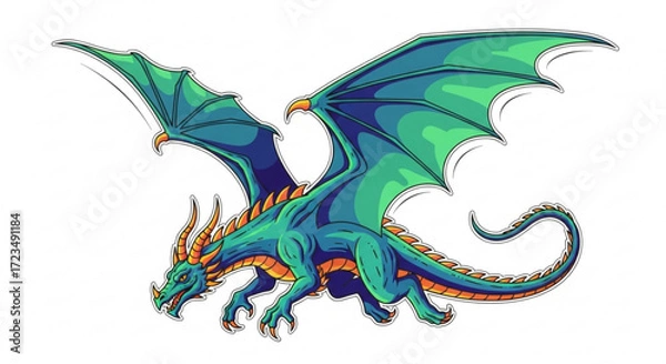 Fototapeta Fantasy dragon illustration green and blue winged beast mythical creature digital art design for print 100