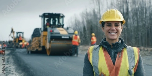 Obraz The confident construction worker smiling at a roadwork project site.