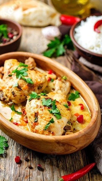 Obraz Chicken in creamy sauce with rice and herbs