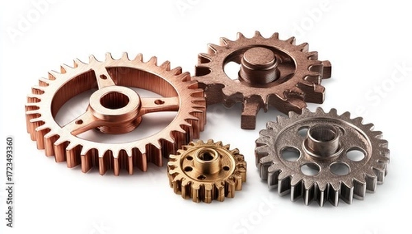 Fototapeta Interlocking gears of varying copper and bronze tones on a white background