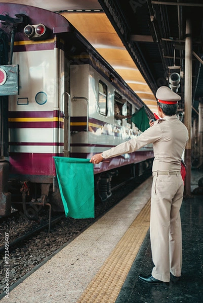 Fototapeta railroad station dispatcher giving green signal for train departure, rail train station attendant waving flag to start journey at busy platform