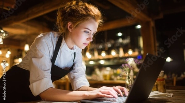 Obraz establishment. Small business owner focused on work at restaurant table with blurred background. pitch deck slides, case study pages, designed for brand storytelling and e-commerce strategy.