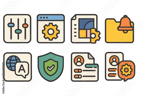 Fototapeta Communication and settings outline icon set. language, notification, security icons collection