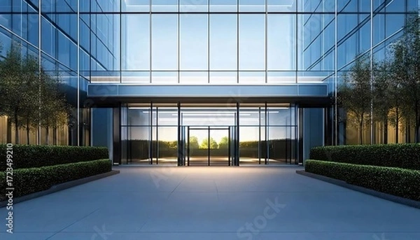 Obraz ガラス張りのオフィスビル入り口の明るい眺め