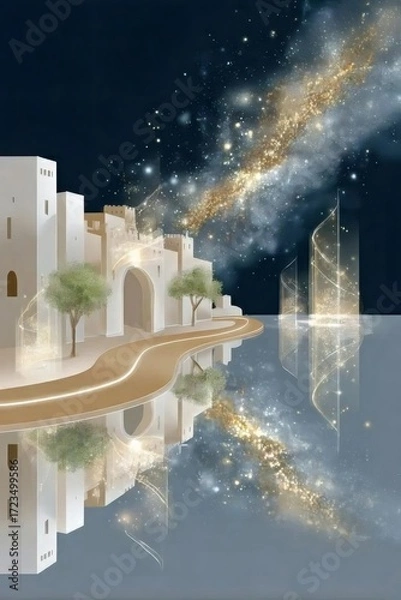 Obraz 幻想的な夜空と白い建物群と水面の反射の抽象画