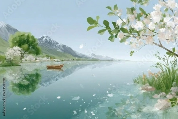 Obraz 湖畔の白い花の木と山の風景イラスト