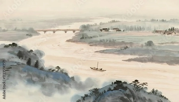 Obraz 水彩風景画 川と橋と家のある風景