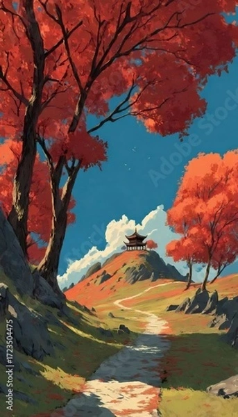 Obraz 秋の日の山道 寺のシルエット 青空の下で