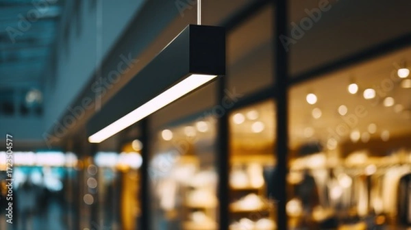 Fototapeta Medium shot of a sleek LED light fixture glowing warmly above a retail display sharply focused with the softly blurred background emphasizing energyefficient ambiance.