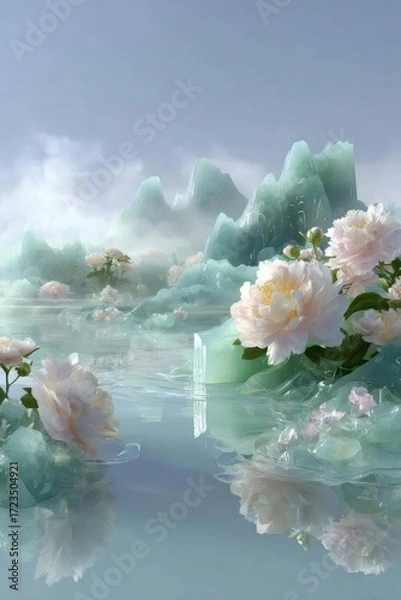 Obraz 淡いピンクのシャクヤクとエメラルドグリーンの氷山