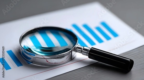 Fototapeta Close-up view of financial charts and graphs under a magnifying glass, indicating thorough data analysis and business performance review.