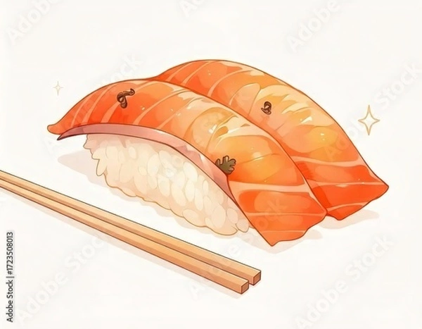 Obraz サーモン寿司と箸のシンプルでおいしいイラスト