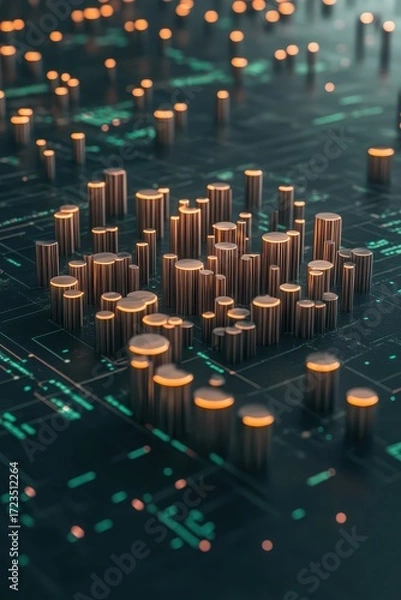 Fototapeta Abstract circuit board pattern with glowing orange and green lights representing digital data and financial technology advancements.