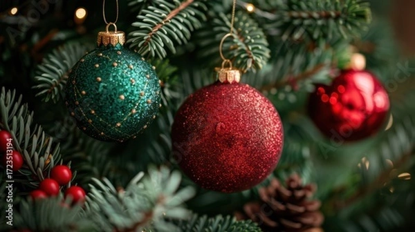 Fototapeta Sparkling Christmas Ornaments on Evergreen Tree with Pine Cones