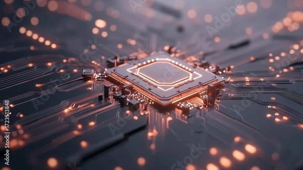 Fototapeta Central processor glowing with orange light on a complex circuit board representing fintech innovations and digital connectivity.