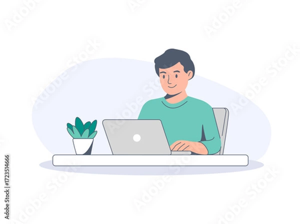 Fototapeta Man working on laptop isolated on white background. concept for landing page design.